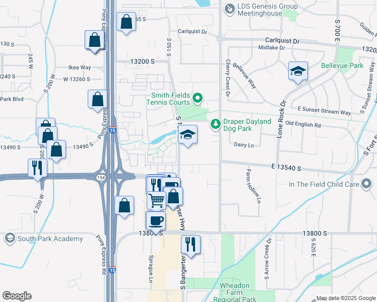 map of restaurants, bars, coffee shops, grocery stores, and more near 13515 South 150 East in Draper