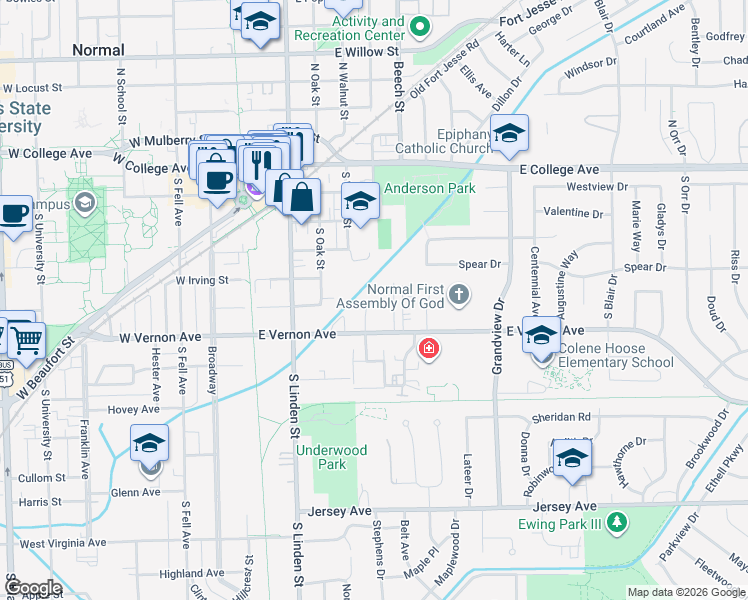 map of restaurants, bars, coffee shops, grocery stores, and more near 25 Flora Way in Normal