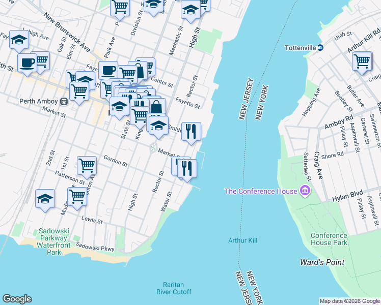 map of restaurants, bars, coffee shops, grocery stores, and more near 261 Water Street in Perth Amboy