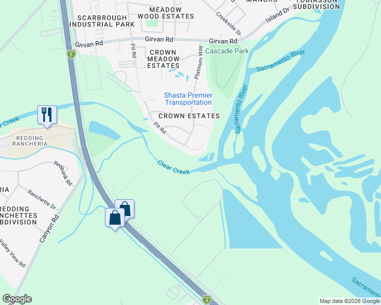 map of restaurants, bars, coffee shops, grocery stores, and more near 7740 Pit Road in Redding