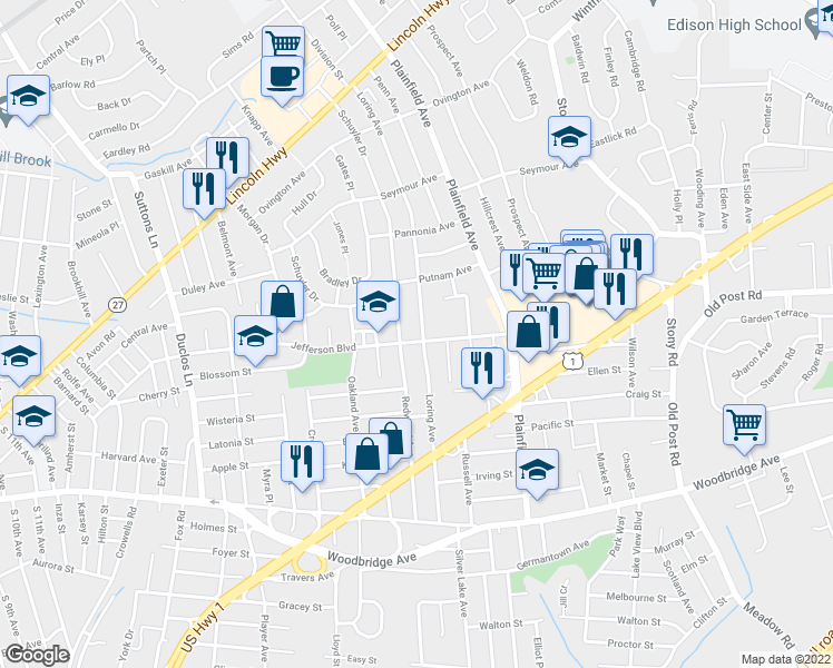 map of restaurants, bars, coffee shops, grocery stores, and more near 63 Jefferson Boulevard in Edison