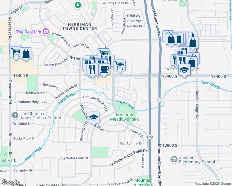 map of restaurants, bars, coffee shops, grocery stores, and more near 13502 Leaf Wing Lane in Riverton