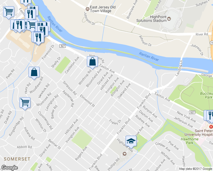 map of restaurants, bars, coffee shops, grocery stores, and more near 31 Hillcrest Avenue in Franklin Township