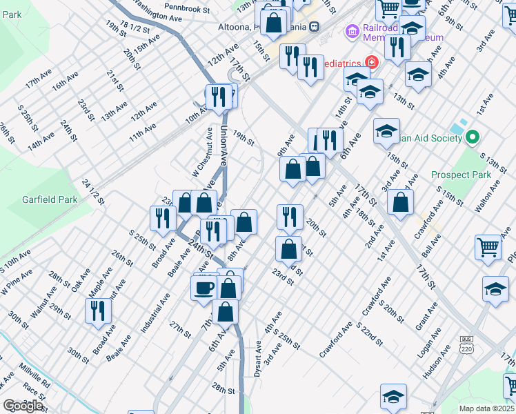 map of restaurants, bars, coffee shops, grocery stores, and more near 807-09 21st Street in Altoona