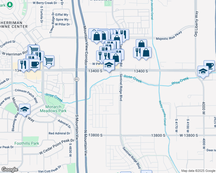 map of restaurants, bars, coffee shops, grocery stores, and more near 13526 Poole Drive in Riverton