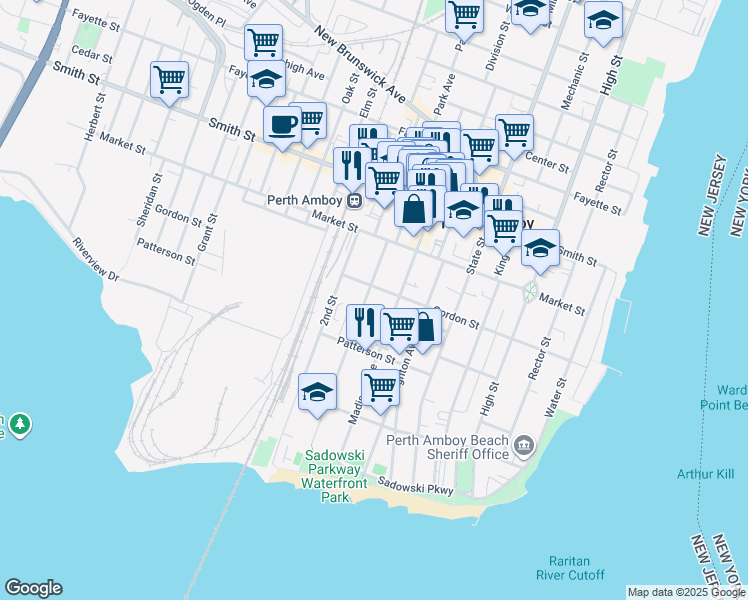 map of restaurants, bars, coffee shops, grocery stores, and more near 188 1st Street in Perth Amboy