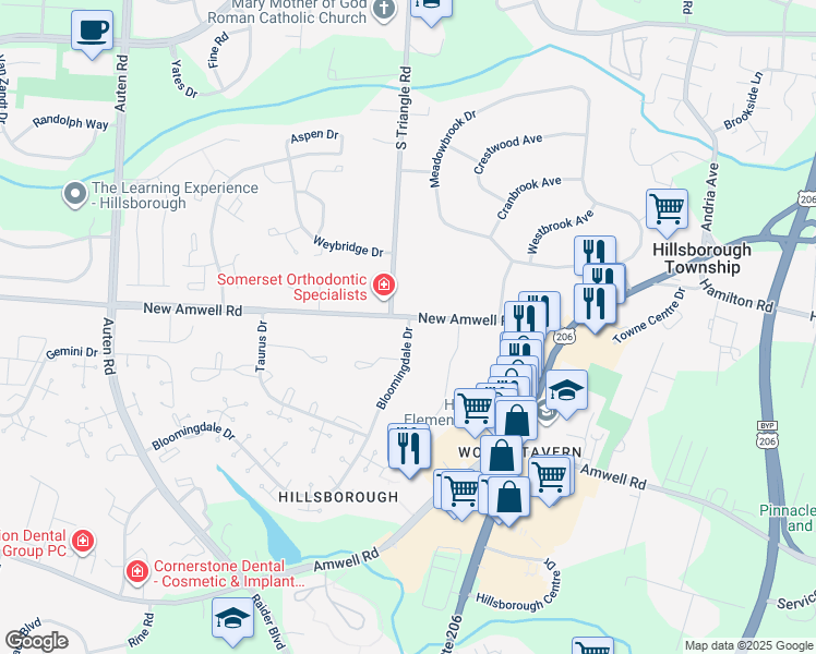 map of restaurants, bars, coffee shops, grocery stores, and more near 4 Bloomingdale Dr in Hillsborough