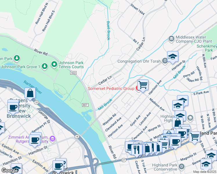 map of restaurants, bars, coffee shops, grocery stores, and more near 302 Leia Lane in Highland Park
