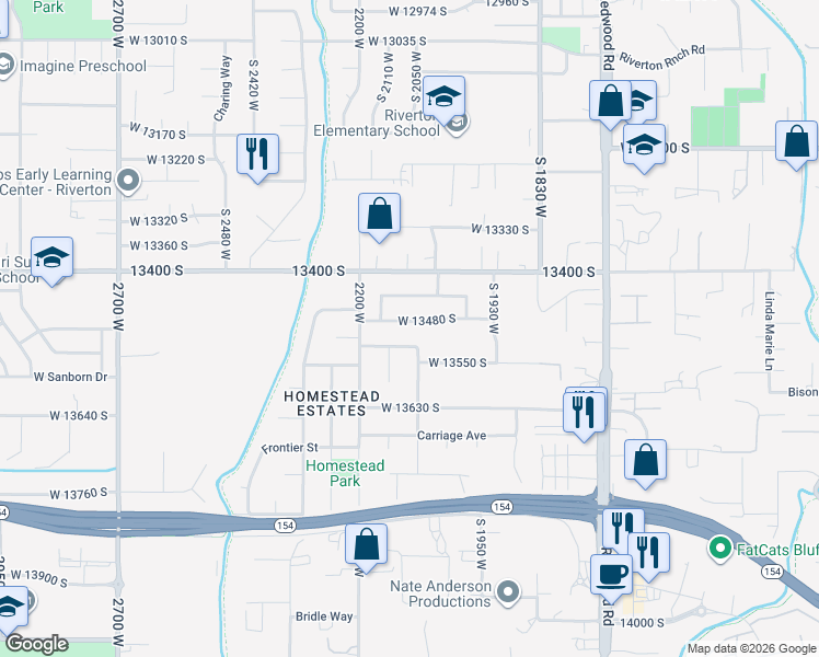 map of restaurants, bars, coffee shops, grocery stores, and more near 2101 West 13480 South in Riverton