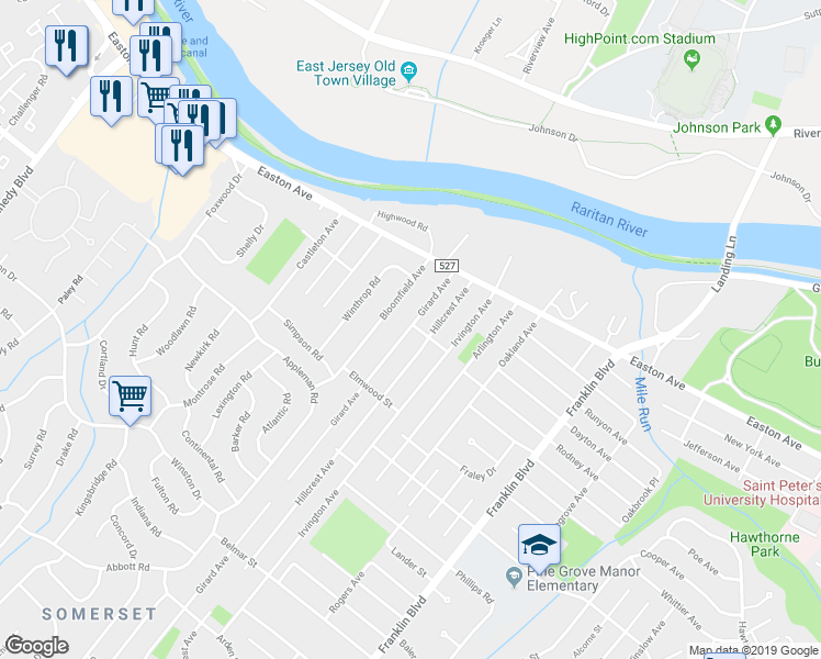 map of restaurants, bars, coffee shops, grocery stores, and more near 39 Girard Avenue in Franklin Township