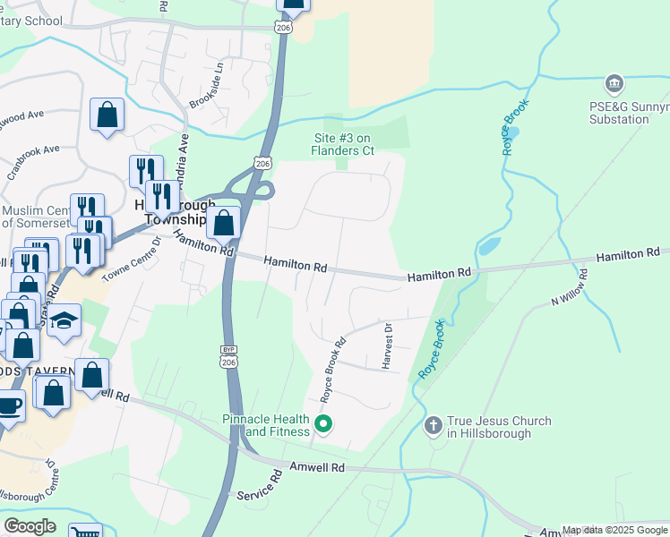 map of restaurants, bars, coffee shops, grocery stores, and more near 53 Cheryl Road in Hillsborough Township