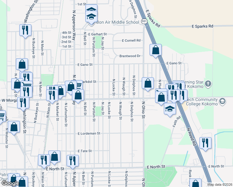 map of restaurants, bars, coffee shops, grocery stores, and more near 2114 N Locke St in Kokomo