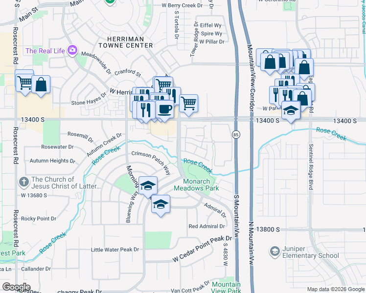 map of restaurants, bars, coffee shops, grocery stores, and more near 13482 Leaf Wing Lane in Riverton