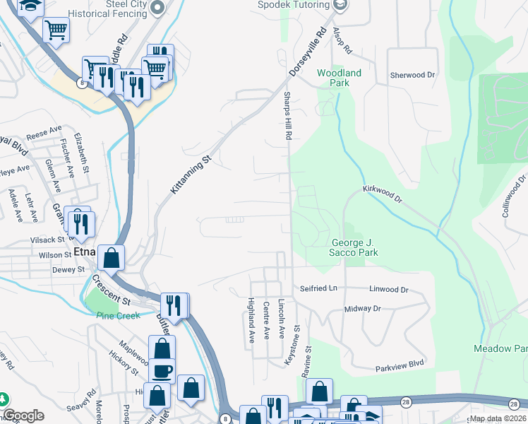 map of restaurants, bars, coffee shops, grocery stores, and more near 14 Bethany Drive in Pittsburgh