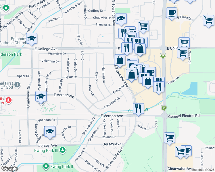 map of restaurants, bars, coffee shops, grocery stores, and more near 209 Hammitt Drive in Normal