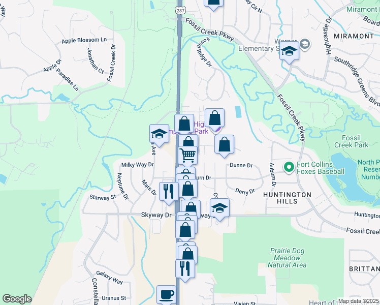 map of restaurants, bars, coffee shops, grocery stores, and more near 105 Smokey Street in Fort Collins
