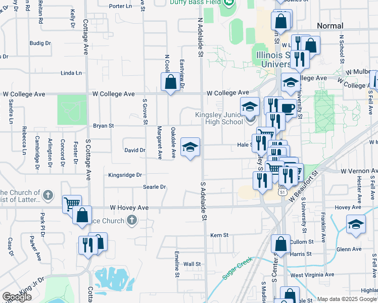 map of restaurants, bars, coffee shops, grocery stores, and more near 7 Hale Court in Normal