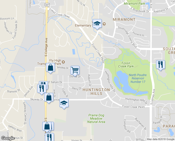 map of restaurants, bars, coffee shops, grocery stores, and more near 5807 Auburn Drive in Fort Collins