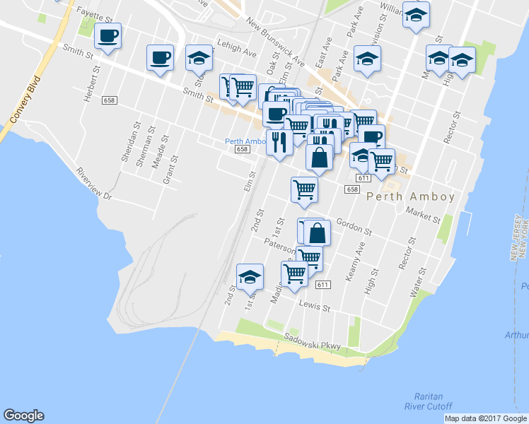 map of restaurants, bars, coffee shops, grocery stores, and more near 158 2nd Street in Perth Amboy