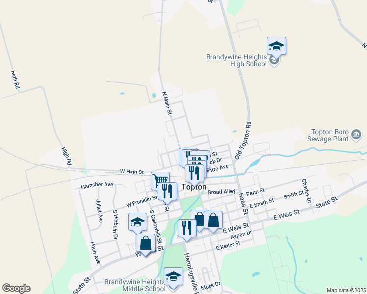 map of restaurants, bars, coffee shops, grocery stores, and more near 220 North Main Street in Topton
