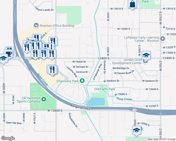 map of restaurants, bars, coffee shops, grocery stores, and more near 3346 Corsica Drive in Riverton