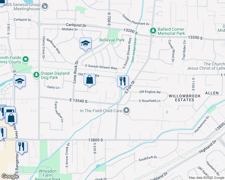 map of restaurants, bars, coffee shops, grocery stores, and more near 13506 Bridle Pointe Cove in Draper