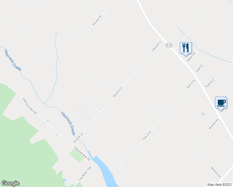 map of restaurants, bars, coffee shops, grocery stores, and more near 2440 Church Lane in Kintnersville