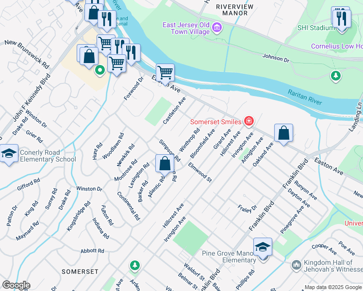 map of restaurants, bars, coffee shops, grocery stores, and more near 26 Winthrop Road in Franklin Township