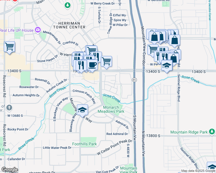 map of restaurants, bars, coffee shops, grocery stores, and more near 13482 Leaf Wing Lane in Riverton