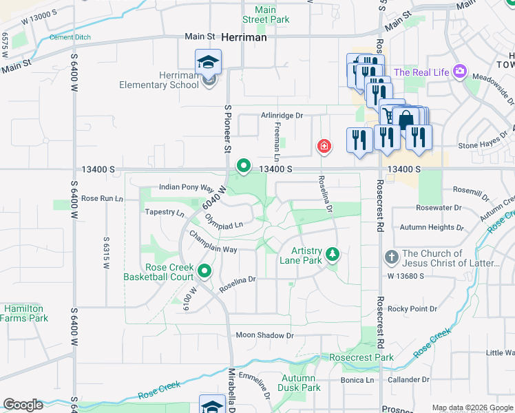 map of restaurants, bars, coffee shops, grocery stores, and more near 13501 Fragrant Lane in Herriman