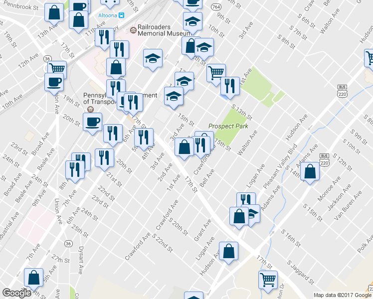 map of restaurants, bars, coffee shops, grocery stores, and more near 111-13 16th Street in Altoona