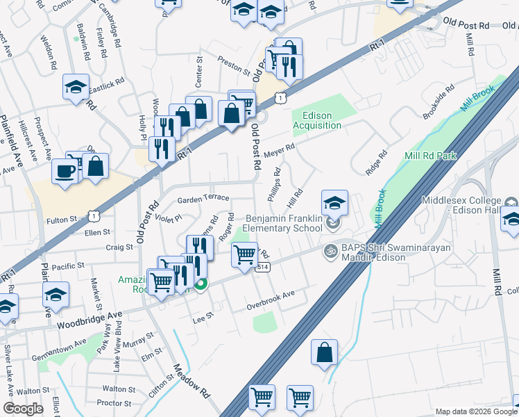 map of restaurants, bars, coffee shops, grocery stores, and more near 30 Phillips Road in Edison