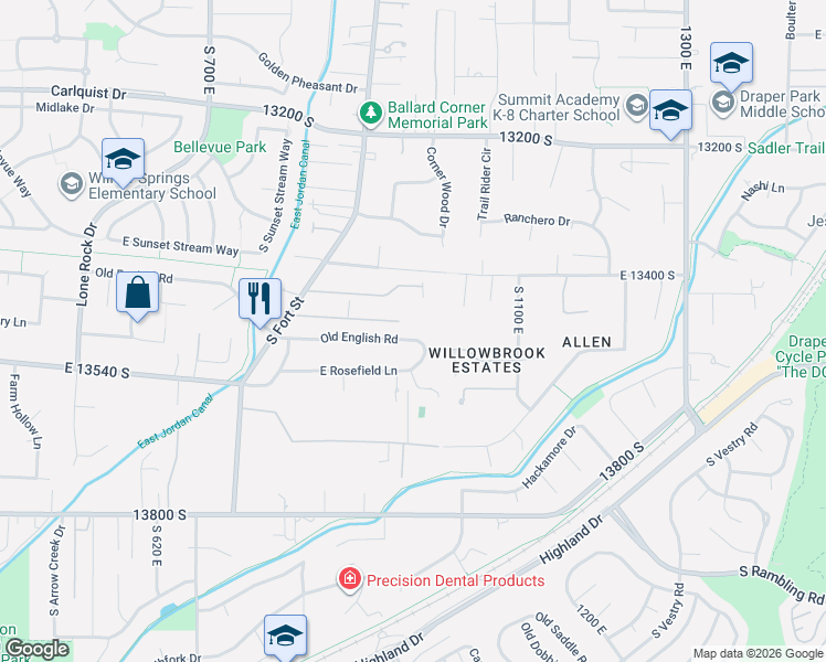 map of restaurants, bars, coffee shops, grocery stores, and more near 963 Old English Road in Draper