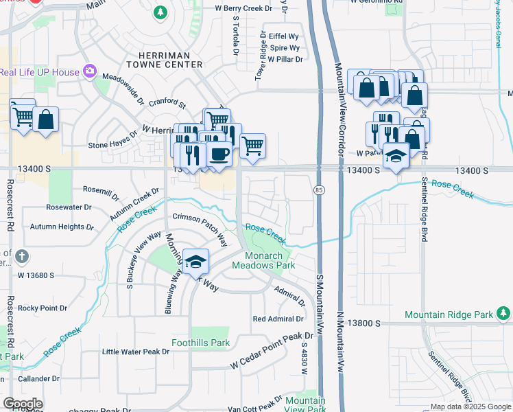 map of restaurants, bars, coffee shops, grocery stores, and more near 13482 Leaf Wing Lane in Riverton