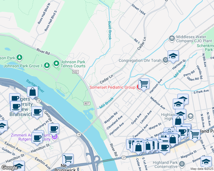 map of restaurants, bars, coffee shops, grocery stores, and more near 302 Leia Lane in Highland Park