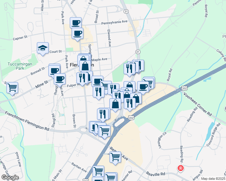 map of restaurants, bars, coffee shops, grocery stores, and more near 70 Church Street in Flemington