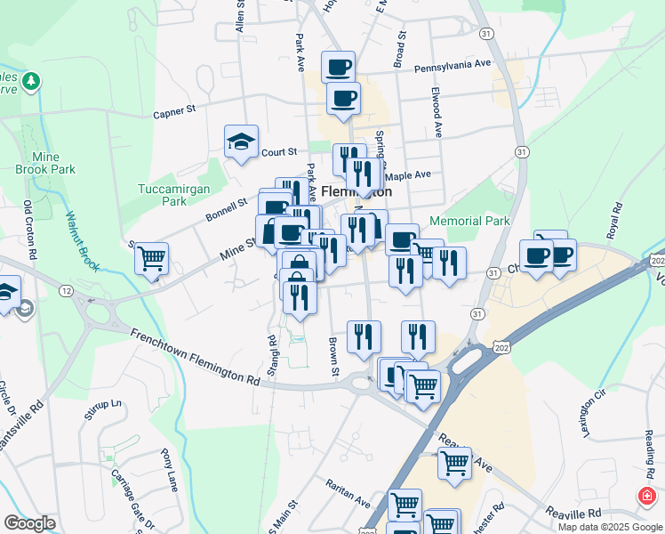 map of restaurants, bars, coffee shops, grocery stores, and more near 14 Turntable Junction in Flemington