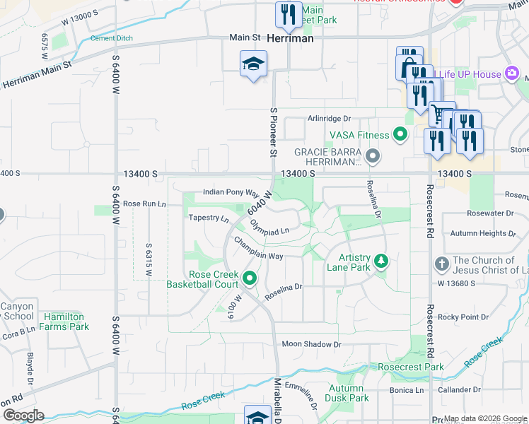 map of restaurants, bars, coffee shops, grocery stores, and more near 6017 Fragrant Lane in Herriman
