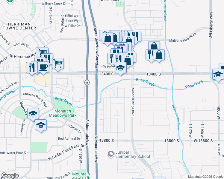 map of restaurants, bars, coffee shops, grocery stores, and more near 4701 West 13400 South in Riverton