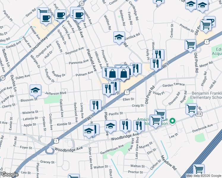map of restaurants, bars, coffee shops, grocery stores, and more near 101 Keystone Court in Edison