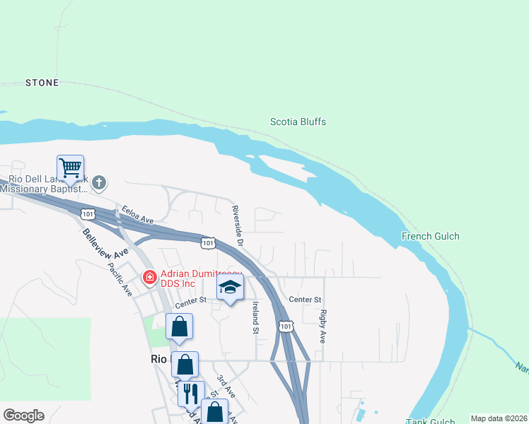 map of restaurants, bars, coffee shops, grocery stores, and more near Bluffview Drive in Rio Dell