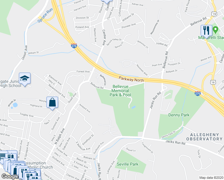 map of restaurants, bars, coffee shops, grocery stores, and more near 322 Bellevue Road in Pittsburgh
