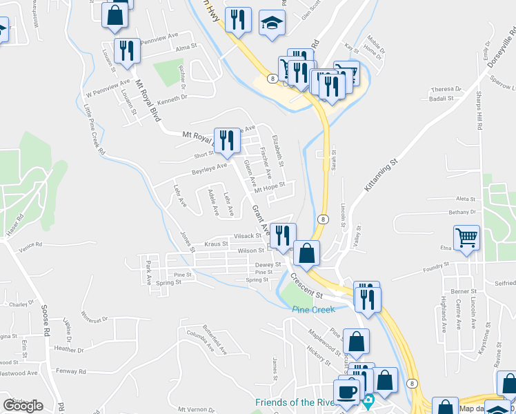 map of restaurants, bars, coffee shops, grocery stores, and more near 92 Grant Avenue in Pittsburgh