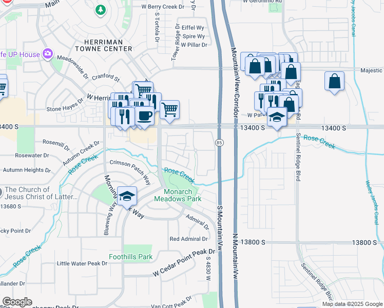 map of restaurants, bars, coffee shops, grocery stores, and more near 13497 Mimosa Circle in Riverton