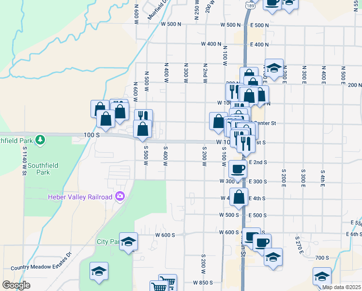 map of restaurants, bars, coffee shops, grocery stores, and more near 285 West 100 South in Heber City