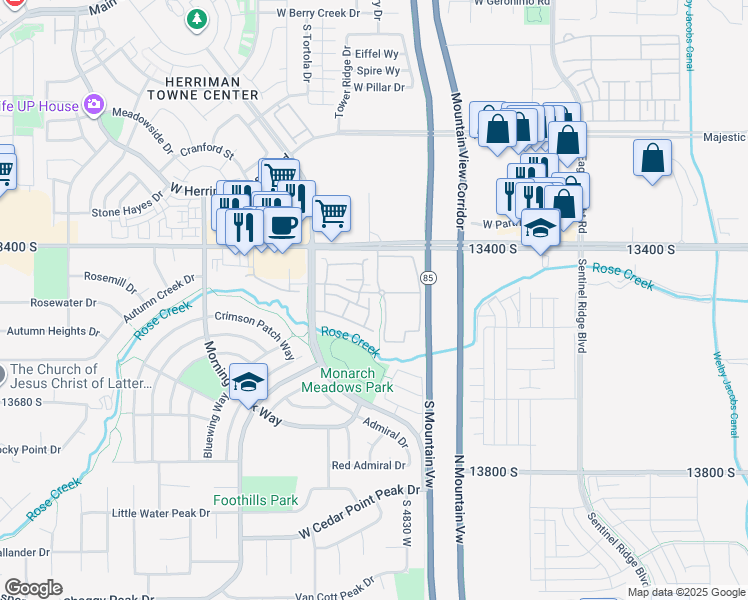 map of restaurants, bars, coffee shops, grocery stores, and more near 13497 Mimosa Circle in Riverton