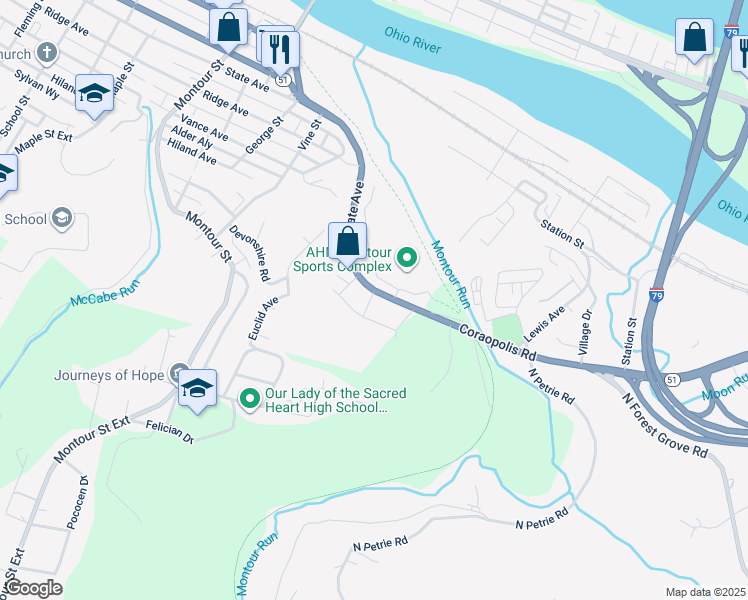 map of restaurants, bars, coffee shops, grocery stores, and more near 2406 State Avenue in Coraopolis