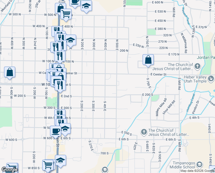 map of restaurants, bars, coffee shops, grocery stores, and more near 105 South 400 East in Heber City