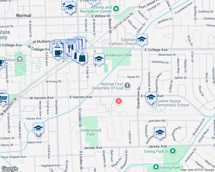 map of restaurants, bars, coffee shops, grocery stores, and more near 330 East Vernon Avenue in Normal