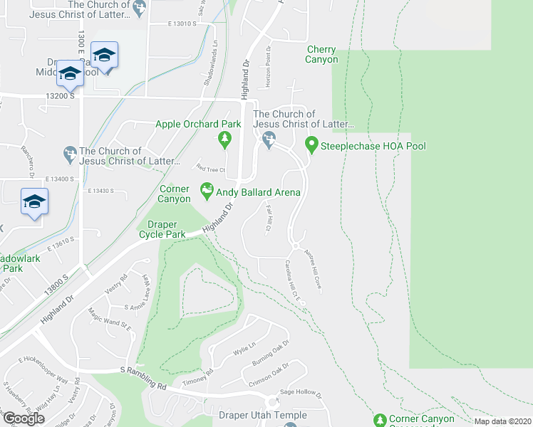 map of restaurants, bars, coffee shops, grocery stores, and more near 13474 Fair Hill Court in Draper